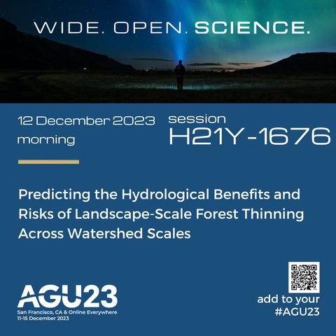 12 December 2023 Session

morning 

Predicting the Hydrological Benefits and

Risks of Landscape-Scale Forest Thinning

Across Watershed Scales