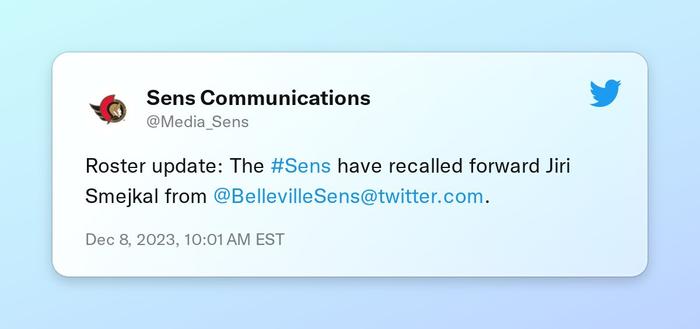 Roster update: The #Sens have recalled forward Jiri Smejkal from @BellevilleSens.