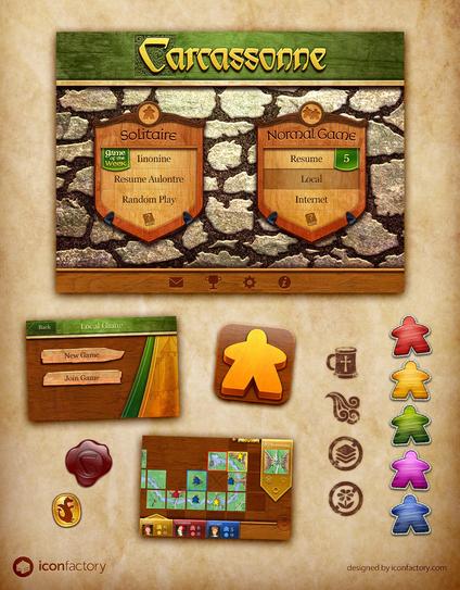Carcassonne rendered in real world appearance with materials like wood, stone, and cloth. Game components shown include the main menu, buttons, game pieces, game board, icons, and other game components.