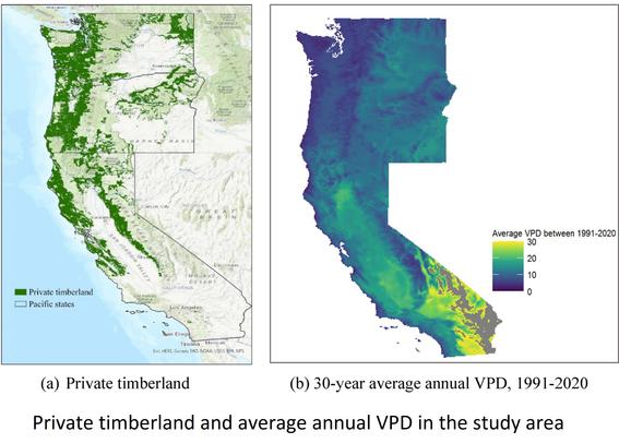 maps with choropleths - private timberland and average annual VPD in the study area, PNW