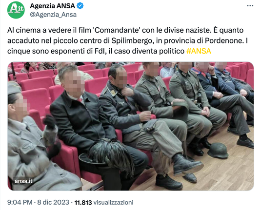 screenshot di articolo ansa su politici di Fdl vestiti con divise naziste al cinema di Spilimbergo
#fasci #FVG #Spilinbergo #wverdi