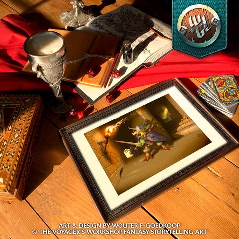 A framed print of Quacknan The Marauder on a rustic table with a cup of ale, leather bound notebook, polyhedral dice and more!