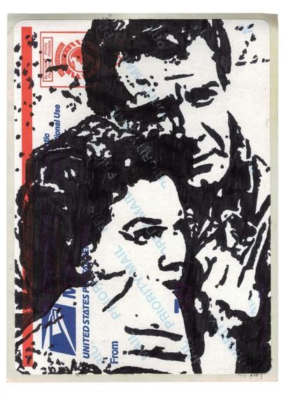 Pen drawing of a scared man and woman embracing and looking into the distance drawn on a Postal Sticker.