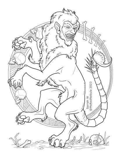 A line art drawing of a manticore, a fantasy creature with a human face with three rows of teeth, the body of a lion, and the tail of a scorpion, with an art nouveau style background with skulls and bones.
