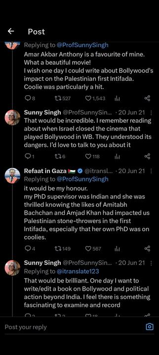 Twitter thread in which the late Refaat Alareer says the following about the 1977 Bollywood movie "Amar Akbar Anthony":

Amar Akbar Anthony is a favourite of mine. What a beautiful movie!
I wish one day I could write about Bollywood's impact on the Palestinian first Intifada.