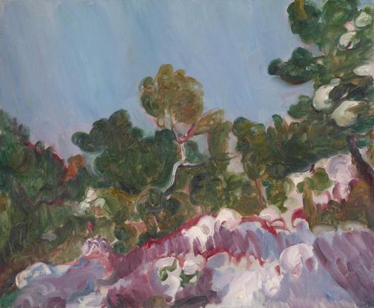 Peinture à l'huile sur une toile rectangulaire. 
Le tableau est marqué par sa vivacité chromatique, une relative simplification des formes, dynamisées par des touches tantôt obliques, brossées, tantôt ondulantes, qui rendent sensible la texture de la matière picturale. 
Au premier plan, suivant une diagonale ascendante, des rochers brun-rouge ou aubergine partiellement couverts de neige blanche aux reflets bleus, mauves et roses. 
Derrière eux, un enchevêtrement végétal de buissons et d'arbres dont quelques branches sont enneigées, et dont le feuillage vert vif est rehaussé par des touches de rouge. 
À l'arrière-plan, un ciel bleu nuancé de rose au-dessus de la cime des arbres.