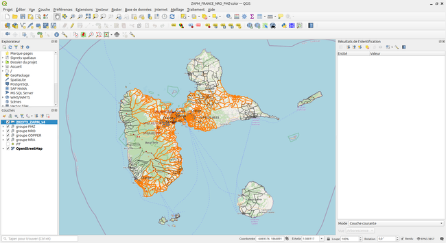 Carte des Zones arrières du point de mutualisation (ZAPM) colorisées pour une meilleur distinction des opérateurs d'infrastructure.