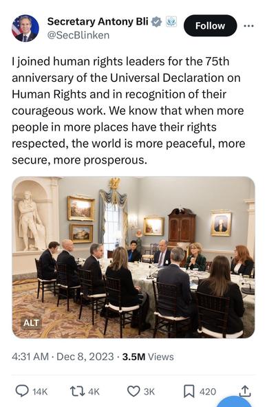 The image shows Blinken meeting with various heads of HR NGOs. They're sitting along a long white table surrounded by fancy paintings.
