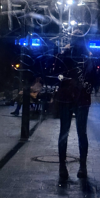 Reflexion von Yours truly in einer Plexisglastürscheibe auf einem Bahnhof.