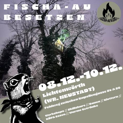 Flyer der Besetzung.
Ein Foto des Baumhauses, in der Dämmerung, hell beleuchtet.
Die untere Bildhälfte beinhaltet Text:
8.12.-10.12.
Lichtenwörth (Wr. Neustadt)
Feldweg zwischen Kapellengasse 24 & 26
Workshops, Skillshare, Bauen, Klettern, Küche für alle-Essen, Warme Getränke
Neb dem Tex eine schwarz-weiß Zeichnung eines Ziesels, der ein Halstuch trägt und den Mund weit aufgerissen hat.