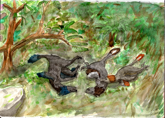 A watercolour painting depicting three Deinonychus lying on the ground in a forest. They are feathered dinosaurs with big claws. Their bodies are covered in dark grey feathers, except for their long crests, tails, and wings. In the left-most Deinonychus, those are coloured a dark blue. In the other two, they are coloured brown, with a layer of white feathers creating an extra stripe along the wing and a white spot on the tail. The right-most Deinonychus has an overall lighter colouration, with the brown feathers being more of an orange and the dark grey feathers a lighter grey. The right-most Deinonychus is lying on its side with its head resting on the middle one's back. The middle Deinonychus also lies on its side, its mouth partially open and its feet partially extended in play. The left-most Deinonychus is lying slightly turned onto its back but mostly on its side, similarly extending its claws. Around them is a thick brush of plants, many of them fern-like. A low cycadeoid tree extends a branch over the Deinonychuses.