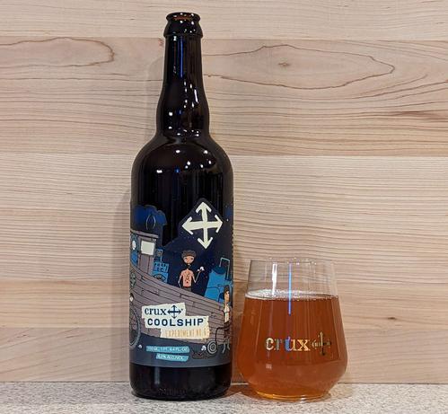 Bottle and glass of Crux Coolship Experiment No. 6 from Crux Fermentation Project of Bend, Oregon.