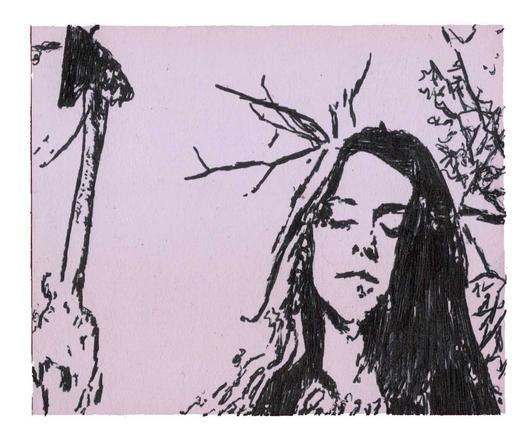 Pen drawing of a woman holding up an axe drawn on a purple Post-It note.