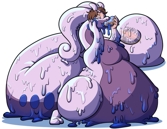 A very fat goodra enjoys a blueberry donut, with some signs that he was once a human.