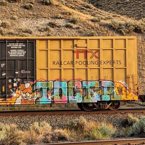 Train car with graffiti rolling through Kamloops BC Canada