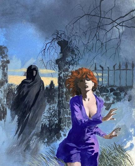 Art of a dark cloaked figure chasing a woman through a graveyard