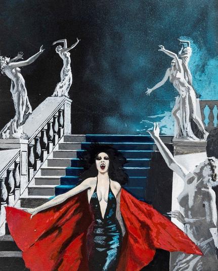 Art of a female vampire with a red cape baring her fangs as she descends a staircase with white marble statues on each side