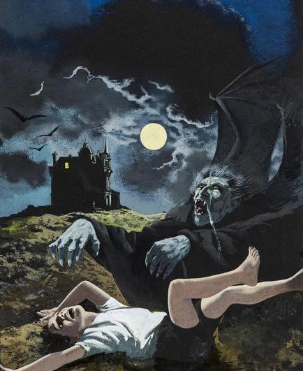 Art of a winged vampire attacking a guy in front of a castle at night. It's dark and cloudy and there's a full moon.