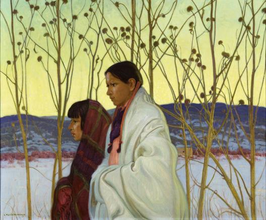 Deux personnes autochtones de Taos Pueblo, en Amérique (Nouveau-Mexique) cheminent côte-à-côte dans la neige au soleil couchant. 
Elles sont représentées de profil au centre du tableau.
Un homme au teint mat, à la longue chevelure lisse et noire dont des mèches sont tressées de fil rouge. Il est entièrement drapé d’une couverture blanche qui forme des plis souples sur son corps et dissimule ses mains. 
À ses côtés, une femme au teint mat, de plus petite taille, emmitouflée dans un châle à carreaux rouge foncé et vert, qu’elle a remonté sur sa tête, ne laissant apparaître de sa chevelure que sa frange noire. 
Derrière-eux se dressent des tiges de tournesols entrelacées, portant le cœur séché des fleurs, et dont la fine et gracieuse silhouette se détache sur un ciel d’or qui colore la scène avec une grande douceur. 
Au second plan, une étendue de neige blanche aux légers reflets bleutés, dont la froideur contraste avec le blanc doré de la couverture de l’homme, et un alignement de rochers ocre rouge. 
À l’arrière-plan, l’horizon est délicatement ourlé par des collines d’un gris bleuté couvertes de neige ça et là.