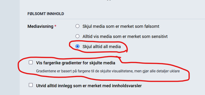 Skjermbildet fra innstillinger, under . Viser at knappen "Skjul alltid all media" er slått på, og det er ikke noe kryss for "Vis fargerike gradienter for skjulte media"