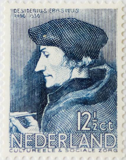 Vintage Dutch postage stamp with image of Erasmus, famous humanist and writer