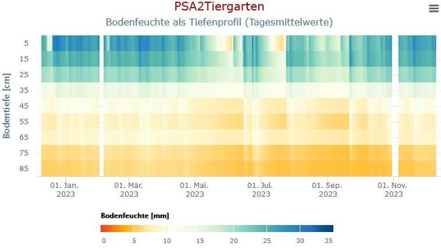 Bodenfeuchte als Tiefenprofil - Tagesmittelwerte - für das Jahr 2023. Die Grafik zeigt, dass eine bewässerte Wiese im Tiergarten zwar bis zu einer Tiefe von 25cm recht feucht war, jedoch in den tieferen Bodenschichten das ganze Jahr von Trockenheit betroffen war. Der Regen 2023 hat nicht ausgereicht, um tiefere Bodenschichten zu erreichen.