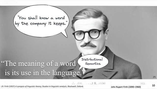 Slide from the free OpenHPI MOOC Knowledge Graphs - Foundations and Applications, Week 6: Intelligent Applications with Knowledge Graphs and Deep Learning  / Excursion 8: Distributional Semantics and LMs, The slide shows a historical picture of the linguist J. R. Firth as dreamed of by artBot. In a speech bubble he says "You shall know a word by the company it keeps." Below in the slide is the Wittgenstein quote "The meaning of a word is its use in the language". Bibliography: J.R. Firth (1957) A synopsis of linguistic theory, Studies in linguistic analysis, Blackwell, Oxford.
Prompt: “A 1950s photography of J. R. Firth aged 55, with glasses and a white toothbrush mustache, English linguist and leading figure in British linguistics””,  created via ArtBot, ProtoGen, 2022, [CC-BY-4.0], https://tinybots.net/artbot