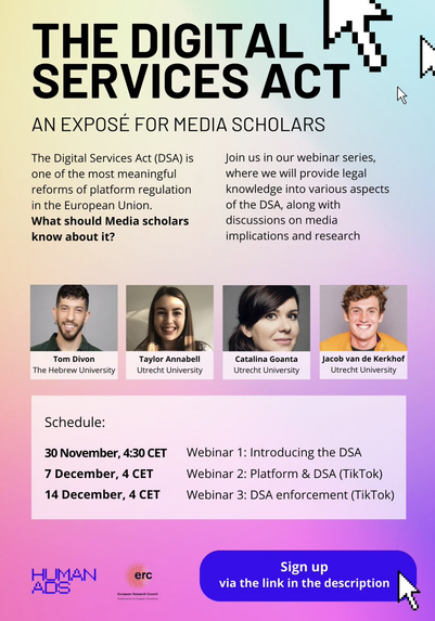 our third session is coming (14 Dec) with an exciting DSA ride  our experts (@goanta@someone.elses.computer & Jacob van de Kerkhof) will untie two major act's undertakings: trusted flaggers & data access; pls register () & stay tuned for our upcoming monetization session!