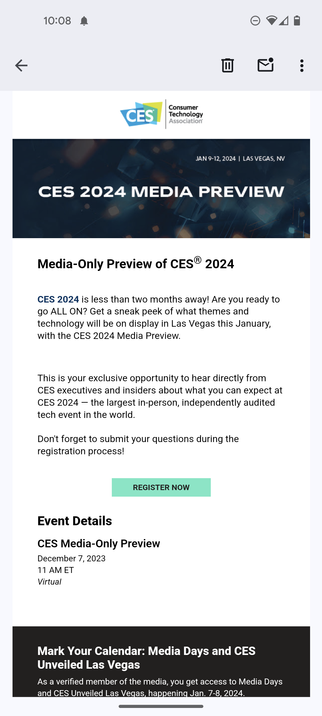 E-mail inviting recipients to register for the CES 2024 media preview