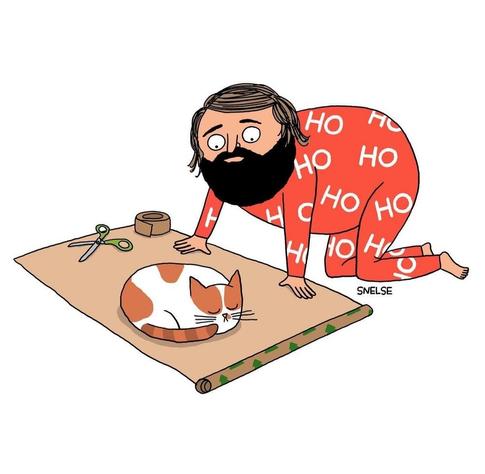 Cartoon drawing in 1 picture: 
A simply drawn man with black hair and a full beard is kneeling on the floor. He is dressed in a red Christmas bodysuit with "HO" written on it several times. Wrapping paper is rolled out in front of him. At the end are a pair of scissors and a roll of glue to weigh it down. The "gift" to be wrapped lies in the middle. It is a sleeping cat. Ho Ho Ho.