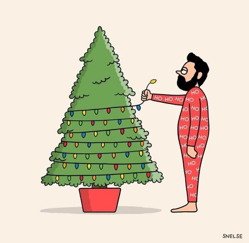 Cartoon drawing in 1 picture: 
A simply drawn man with black hair and a full beard is standing in front of a green Christmas tree in a red pot. He is dressed in a red Christmas bodysuit with "HO" written on it several times. He is holding the end of a string of lights in his hand. The colorful string of lights is wrapped tightly around the tree. It only reaches just over the middle of the tree.