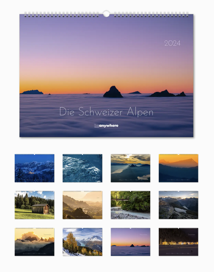 Calendar view of a calendar with landscape photography of the Swiss Alps for 2024. 

In the upper part you can see the front cover with the year 2024 and the title "Die Schweizer Alpen" and the logo of beAnywhere.

In the lower part there are the 12 images for the whole year.