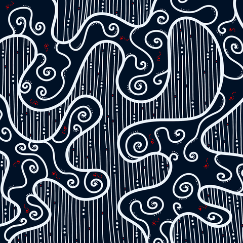 Filled, rectangular picture with dark blue background and lines, dots and squiggles in white. Small red dots as decorative elements.