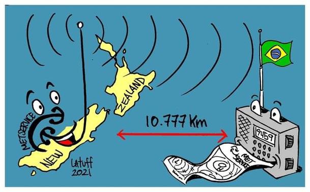 A cartoon by Carlos Latuff illustrating his reception in Argentina of New Zealand Metservice Radiofax weather maps before the service was shitcanned.