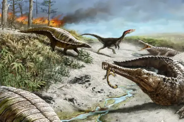 Reconstruction of a Late Triassic ecosystem from Ghost Ranch, New Mexico. It shows various reptilian animals escaping from a forest fire while being hunted by crocodilian predators. By Viktor Leshyk.