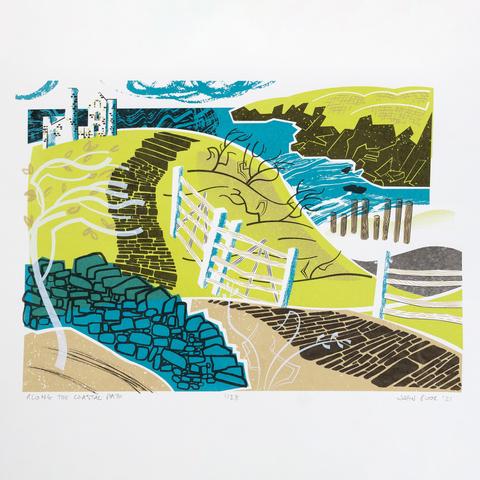 A five colour screen print of a path which starts bottom right and then moves up the page on the left. In the bottom left corner is a white tree and a dry stone wall. In the top left is a tin mine on top of the hill. Beyond that is the sea which comes down to a cove on the right side of the page. On the top right is a headland. There is a white fence alongside the path. The print is in green, brown, cyan, dark grey and white.