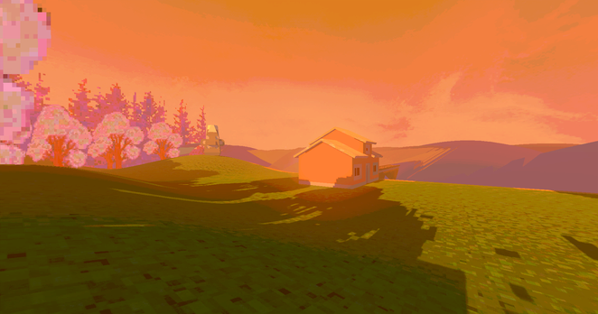 Screenshot from the game. The camera is on a grassy hill, looking at a house in the distance. There are trees on the left, a Moai statue and the sea (with waves way too high for a normal sea). It seems the sun is going down.