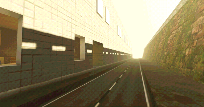 Screenshot from the game. The camera is in an empty street, with a large building block covering half the screen, and a wall made of stone and moss on the other half. Windows on the left can let us see a part of an apartment.