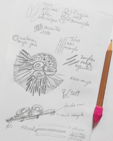 Design drawing of a floral brooch in the shape of a semicircle with a small circle in the centre, three-dimensional. The drawing shows the glass beads used and their colours. I work with tiny rocailles and glass rods. The red flower elements are made from felted Japanese Mulberry paper.