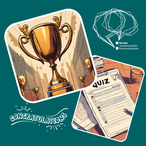 Forum Wissenschaftskommunikation, zwei mit Canva KI-generierte Bilder: Ein Pokal, ein Quizbogen "concept art". congratulations