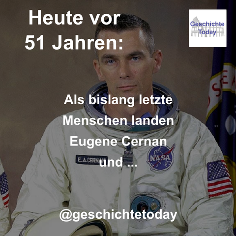 Heute vor 51 Jahren: Als bislang letzte Menschen landen Eugene Cernan und Harrison Schmitt auf dem Mond. Die beiden NASA-Fotos zeigen Eugene Cernan und Harrison Schmitt.