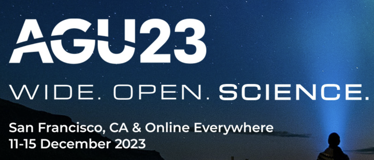 Image of the AGU conference with a silhouette of a mountain, starry skies, and an outline of a person.