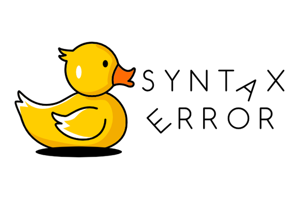 Syntax Error logo with an illustrated yellow rubber duck with a distressed face and next to it, the text Syntax Error with A and E slightly fallen down.