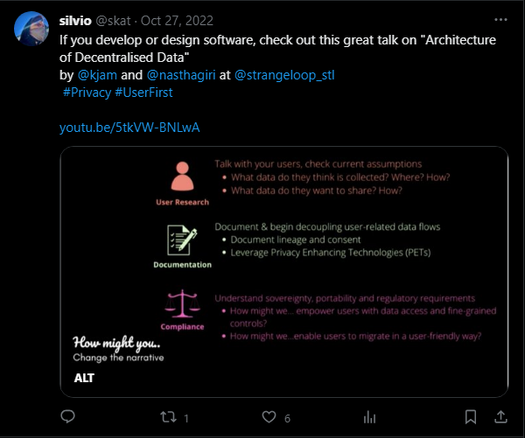 Screenshot from a twitterpost from 27.10.2023

If you develop or design software, check out this great talk on "Architecture of Decentralized Data" 
by Katharine Jarmul and Nimisha Asthagiri at 
@strangeloop_stl
