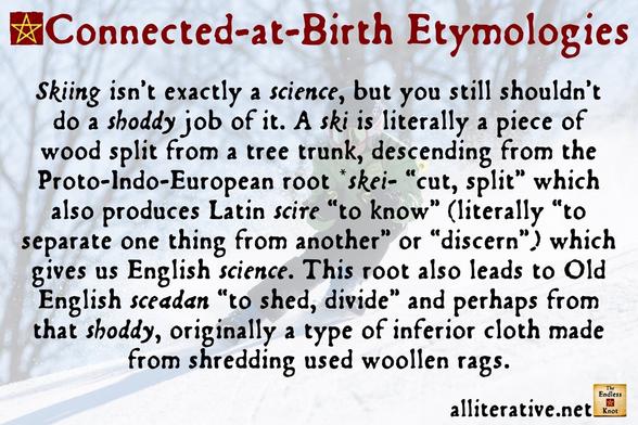 Skiing isn’t exactly a science, but you still shouldn’t do a shoddy job of it. A ski is literally a piece of wood split from a tree trunk, descending from the Proto-Indo-European root *skei- “cut, split” which also produces Latin scire “to know” (literally “to separate one thing from another” or “discern”) which gives us English science. This root also leads to Old English sceadan “to shed, divide” and perhaps from that shoddy, originally a type of inferior cloth made from shredding used woollen rags.