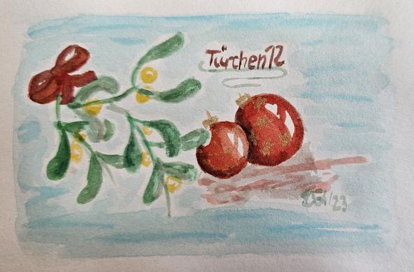 Aquarell: Mistelzweige mit roter Schleife zusammengebunden, daneben 2 unterschiedliche rote Weihnachtsbaumkugeln mit Golddekor