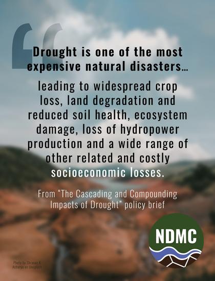“Drought is one of the most expensive natural disasters… leading to widespread crop loss, land degradation and reduced soil health, ecosystem damage, loss of hydropower production and a wide range of other related and costly socioeconomic losses.” – From “The Cascading and Compounding Impacts of Drought” policy brief. (Background photo by Shravan K Acharya on Unsplash)