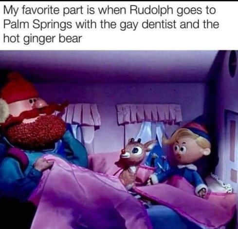 Scene from the classic 1964 claymation cartoon “Rudolf the Red Nose Reindeer.” 

Herbie the Elf, Rudolf, and “Yukon Cornelius” the Explorer are all in the same bed under the blankets. 

Text above the image reads, “My favorite part is when Rudolf goes to Palm Springs with the gay dentist and the hot ginger bear.”