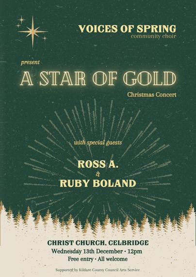 The poster for our concert - it's dark green with gold writing and stars. Text: Voices of Spring Community Choir present A Star of Gold: Christmas concert with special guests Ross A & Ruby Boland. Christ Church, Celbridge. Weds 13th Dec, 12pm, free entry, all welcome. Supported by Kildare County Council Arts Service.