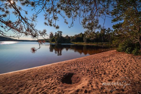 Deer Lake Park Beach - a roadside park on the other side of Michigan's M-28 and Lake Superior. Rich brown sand and tree branches hanging over top of the scene. Clear water and reflections of the trees on the lake in the distance. White reflection of the sunshine on the lake.   Image at:  https://beautifulsunphotography.com/featured/deer-lake-park-beach-deb-beausoleil.html  See more art at: https://beautifulsunphotography.com/ https://debbeautifulsunphotography.com/